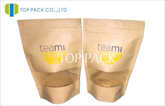 Sacos de empacotamento do chá Resealable da janela de Kraft com a cópia colorida do offset